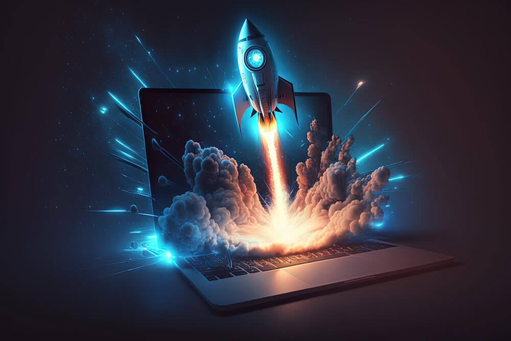 laptop with rocket