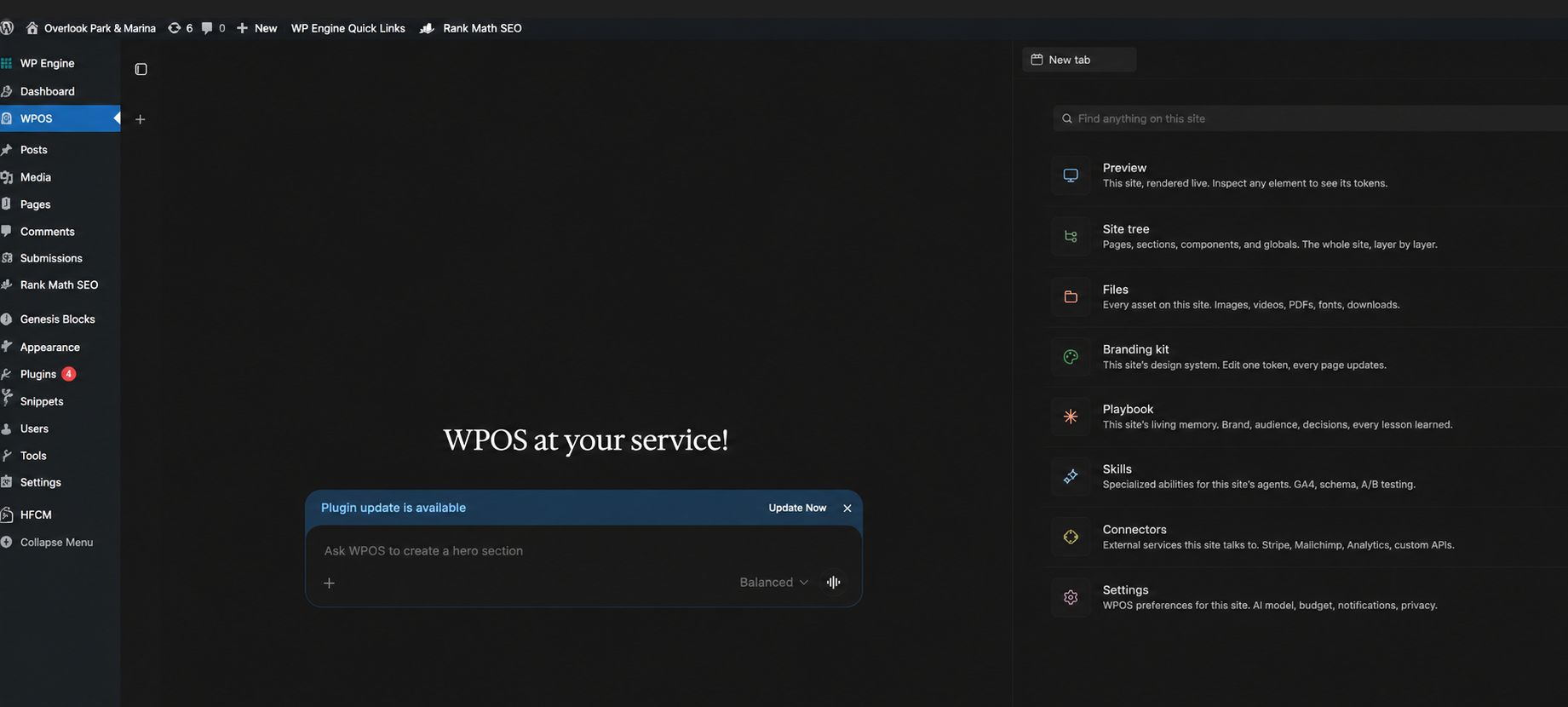 WPOS.ai AI-native WordPress operating system platform dashboard