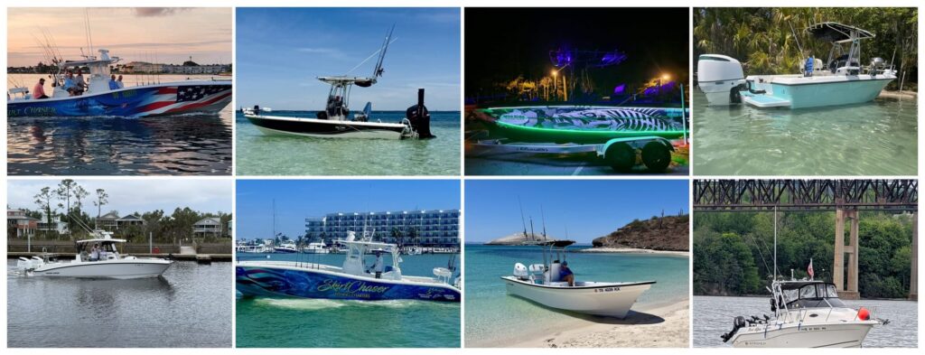 A collage of Precision Marine customer boats, from center consoles to bay boats and a lighted trailer rig, submitted through the Share Your Boat email campaign